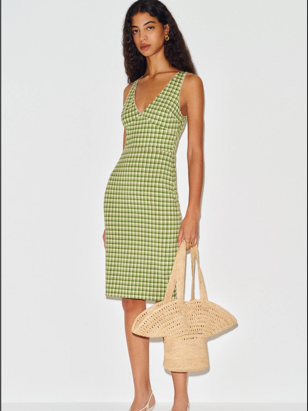 Reformation NWT Green Gingham V-Neck Midi Dress